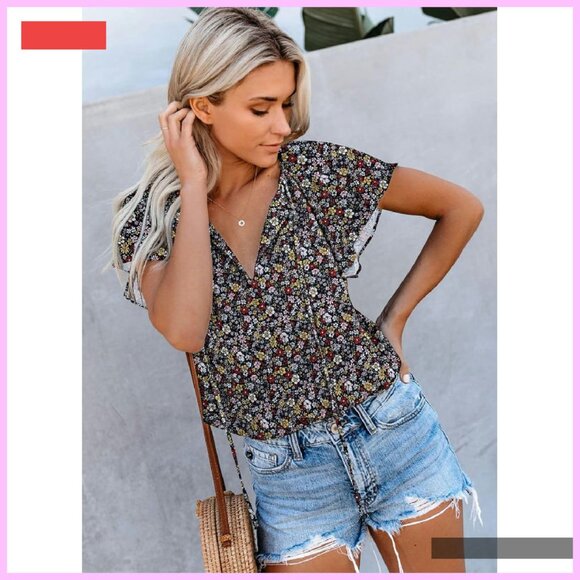 Flutter Sleeve Boho Blouse Lightweight Floral Print V-Neck Top - Picture 4 of 4